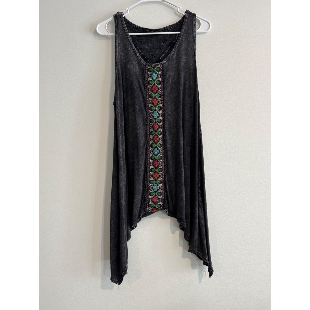 T‎ Party Embroidered Tank Tunic Top Women Medium Gray Boho Indie Hippie Gypsy